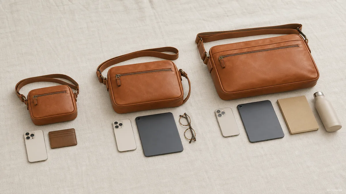 A small crossbody bag, a medium one, and a large one lined up on a pale surface with a phone, a tablet, and a water bottle beside them to show what each holds, no brand marks, soft daylight (AI generated illustration)