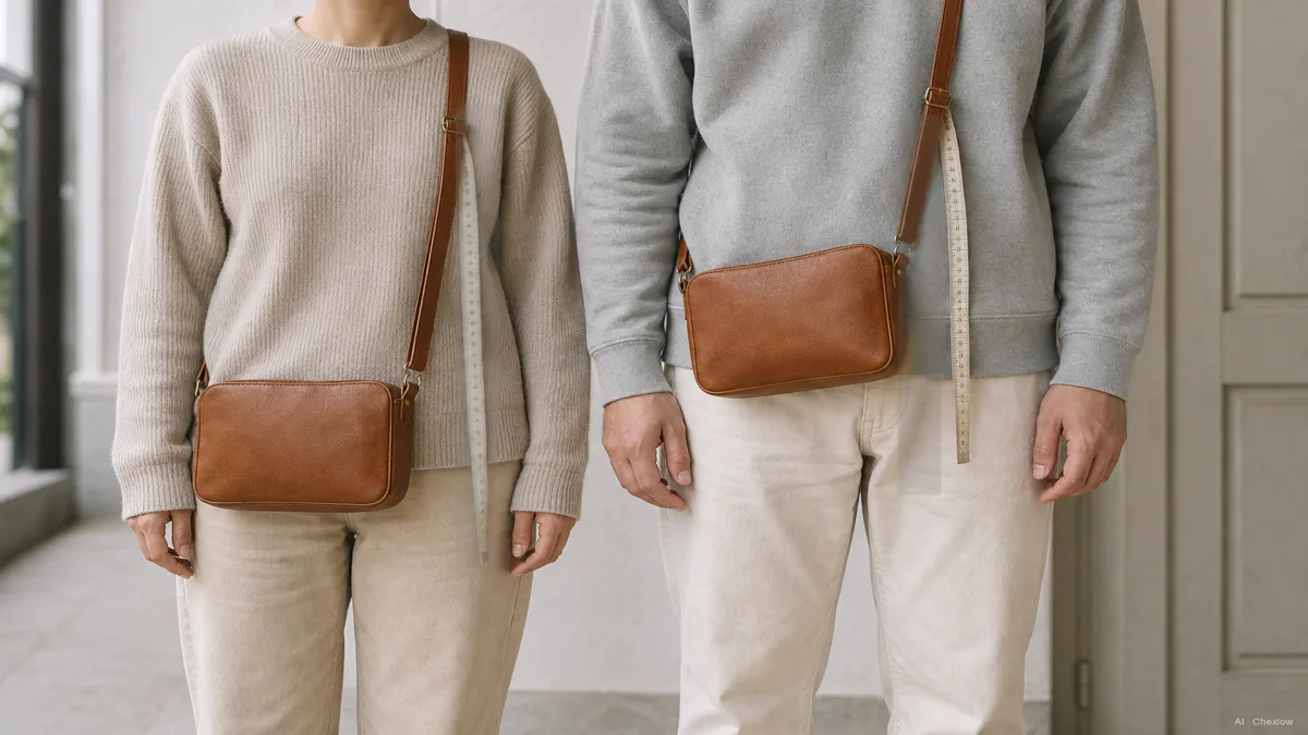 Two people of different heights wearing the same style of crossbody bag, one with the bag at the hip and one riding higher, with a measuring tape showing the drop, no brand logos (AI generated illustration)
