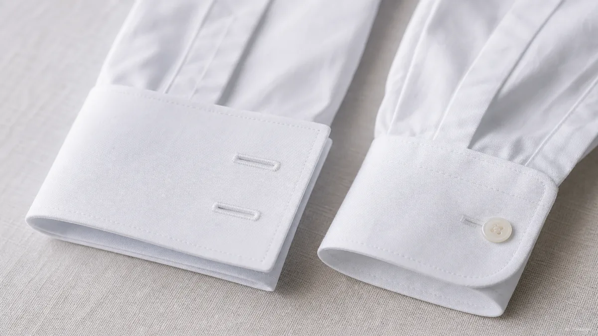 Image: A men's dress shirt cuff laid flat showing a French cuff folded back with two aligned buttonholes and no button, next to a standard button-cuff shirt sleeve for comparison, soft daylight, close detail shot