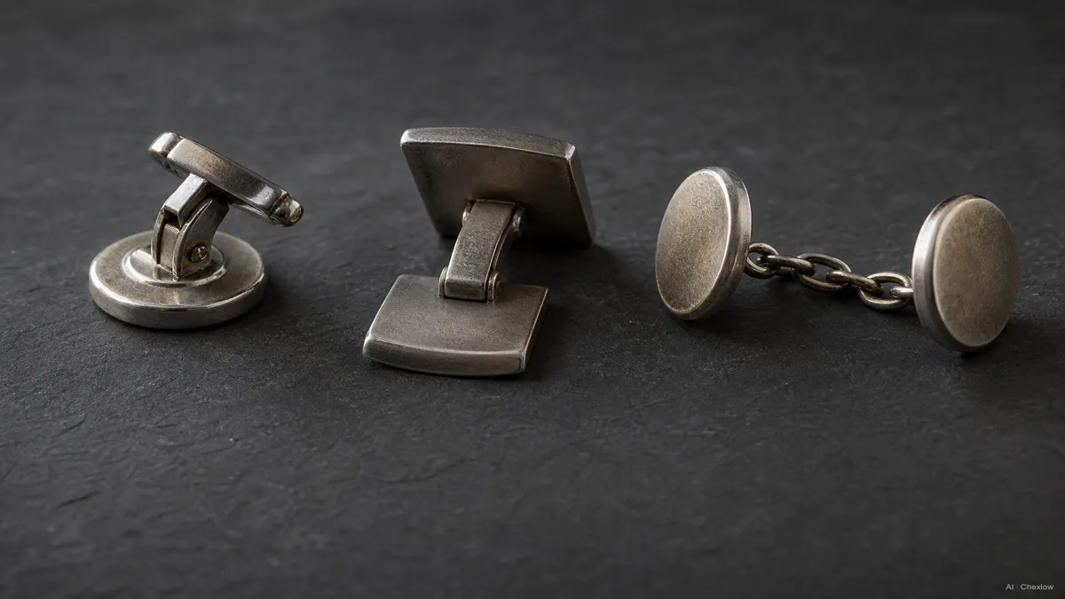 Image: Three cufflink closures laid open side by side on a dark surface, a bullet-back toggle mid-flip, a whale-back with its solid flat tail extended, and a chain-link pair showing both connected faces, labeled macro shot