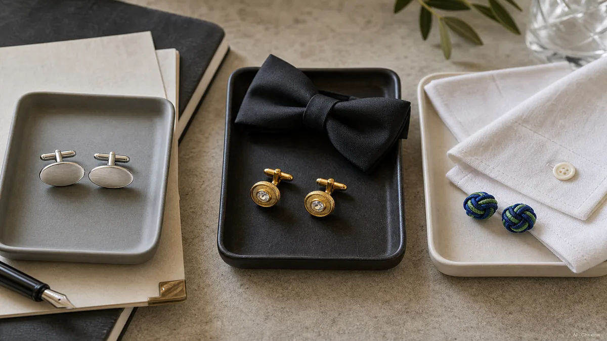 Image: Three cufflink pairs laid out on separate small trays labeled by scene, a plain silver-tone oval pair on an office desk, a gold gemstone-set pair beside a black-tie bow tie, and a colorful silk knot pair on a linen summer shirt, flat lay comparison