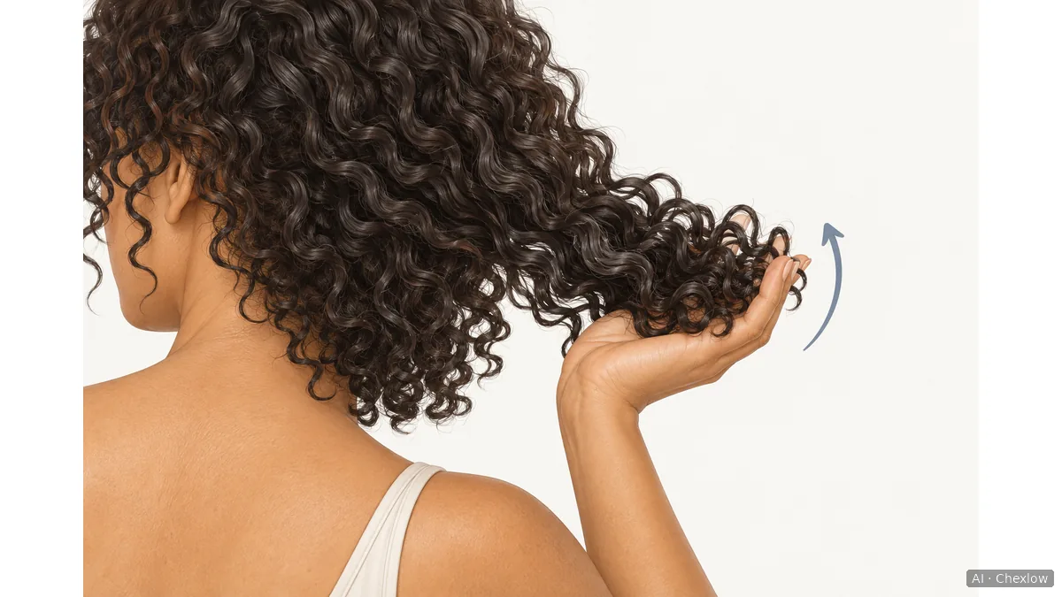 Illustration of a hand cupping the ends of a curl section upward toward the head.