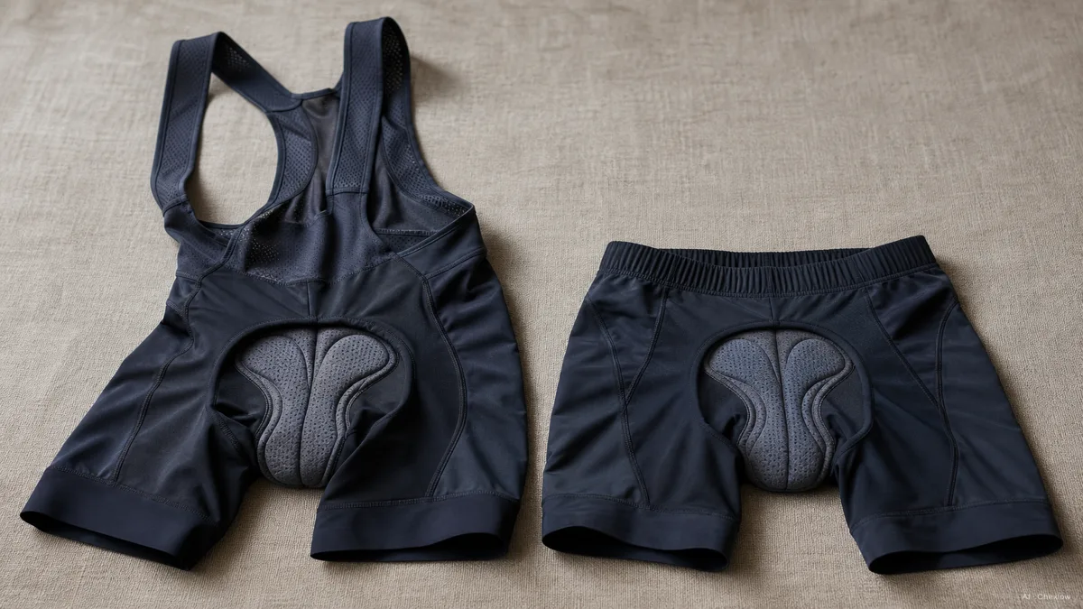 Image: A cross-section style side-by-side of bib shorts with shoulder straps and waist shorts with an elastic waistband, no visible brand marks, soft studio light
