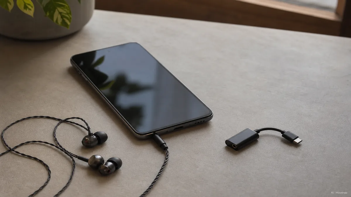 Image: A phone with wired headphones plugged directly into its port, a small USB-C dongle DAC resting unused on the table beside it — Illustration IA