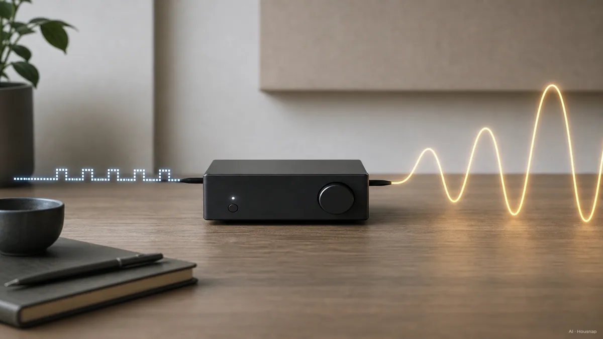 Image: A simplified signal-path illustration showing a digital waveform entering a small DAC/amp unit and emerging as a larger, stronger analog waveform — Illustration IA