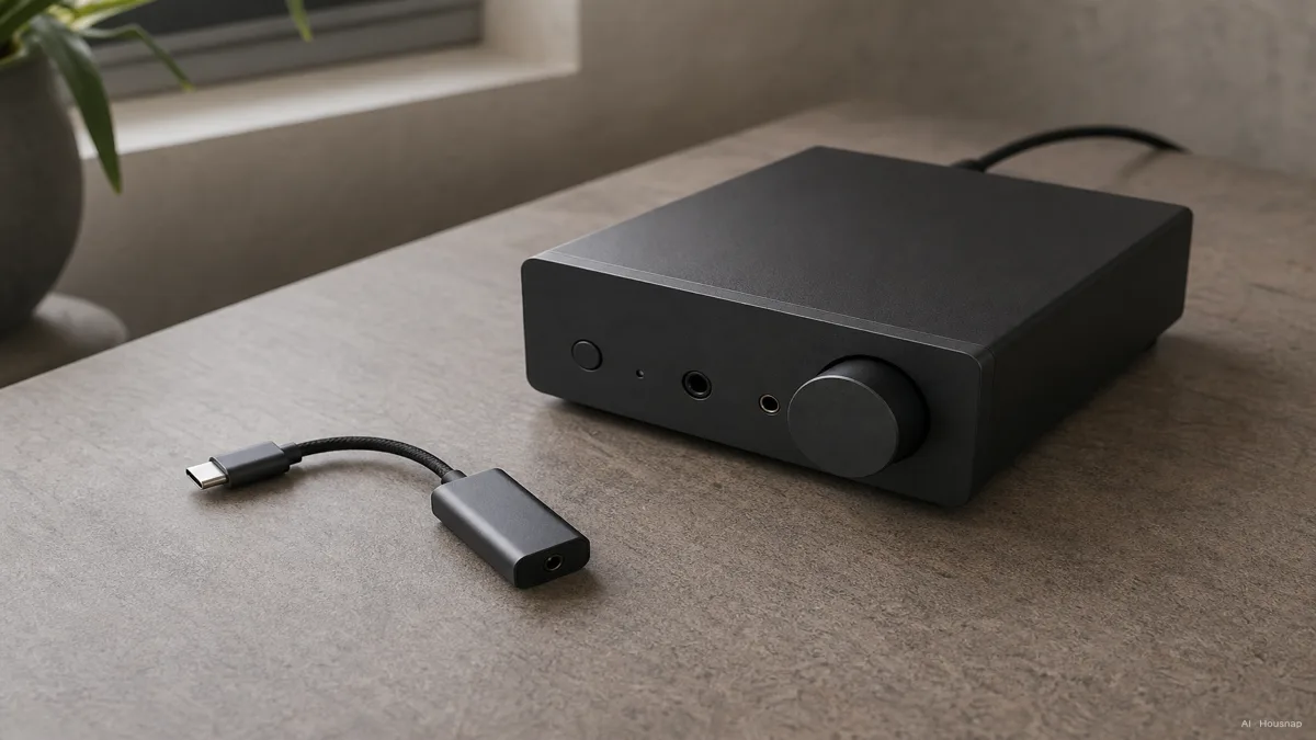 Image: A pocket-sized USB-C dongle DAC/amp next to a larger desktop DAC/amp unit with a power cable, showing the size and power difference between the two tiers — Illustration IA