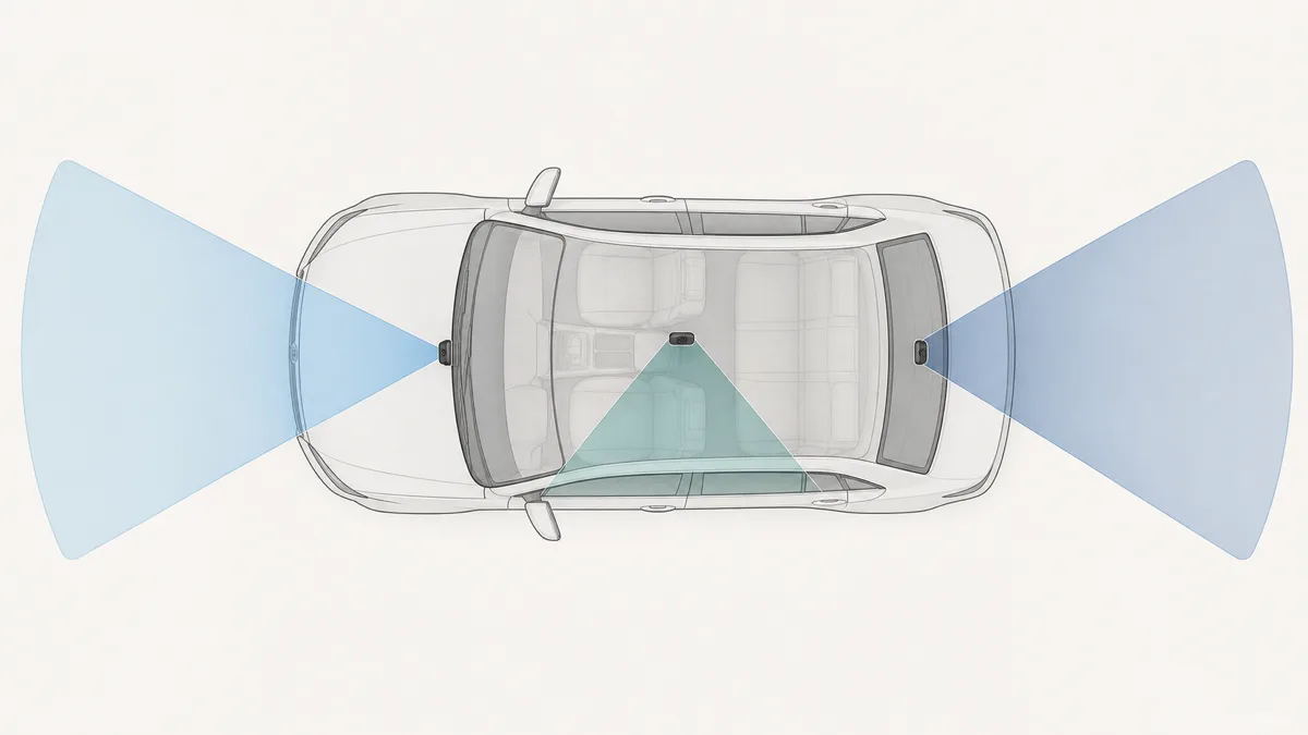 Image: a clean diagram of a car from above showing three recording cones, one forward through the windshield, one rearward through the back glass, and one into the cabin, each labeled as a channel — AI illustration