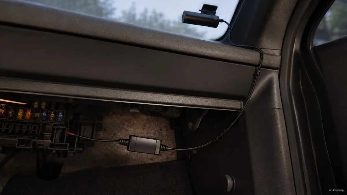 Image: an under-dash view of a tidy hardwire kit running from a dash cam down to a car fuse box, with a small voltage cut-off module inline — AI illustration