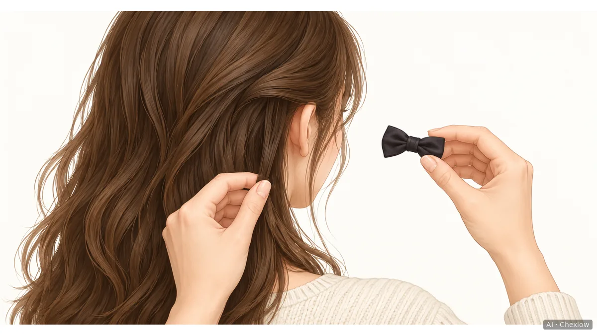 A hand separates a small side section from loose hair while another holds a bow hair clip nearby, before fastening.