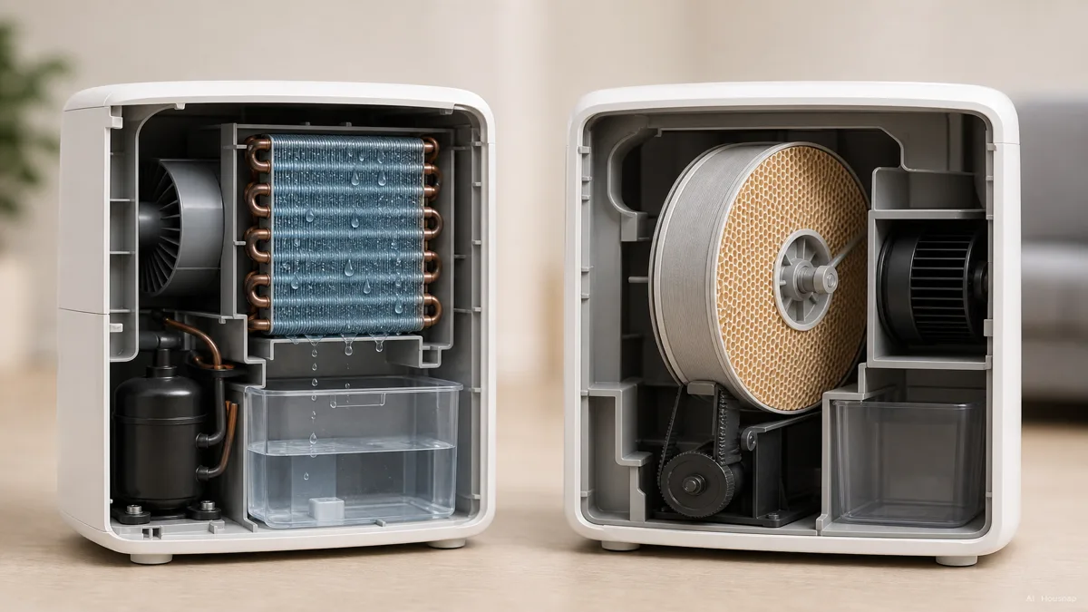 Image: A clean side-by-side cutaway illustration of two dehumidifiers, one drawing air over a cold refrigerant coil with condensation dripping into a tank, the other pulling air through a rotating silica-gel wheel, calm instructional tone — AI illustration