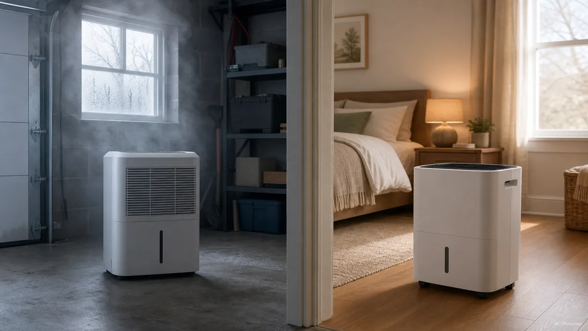 Image: A split scene, a cold unheated garage with visible breath-fog and frost on a window next to a desiccant dehumidifier, contrasted with a warm heated bedroom with a compressor dehumidifier quietly running, clear instructional lighting — AI illustration