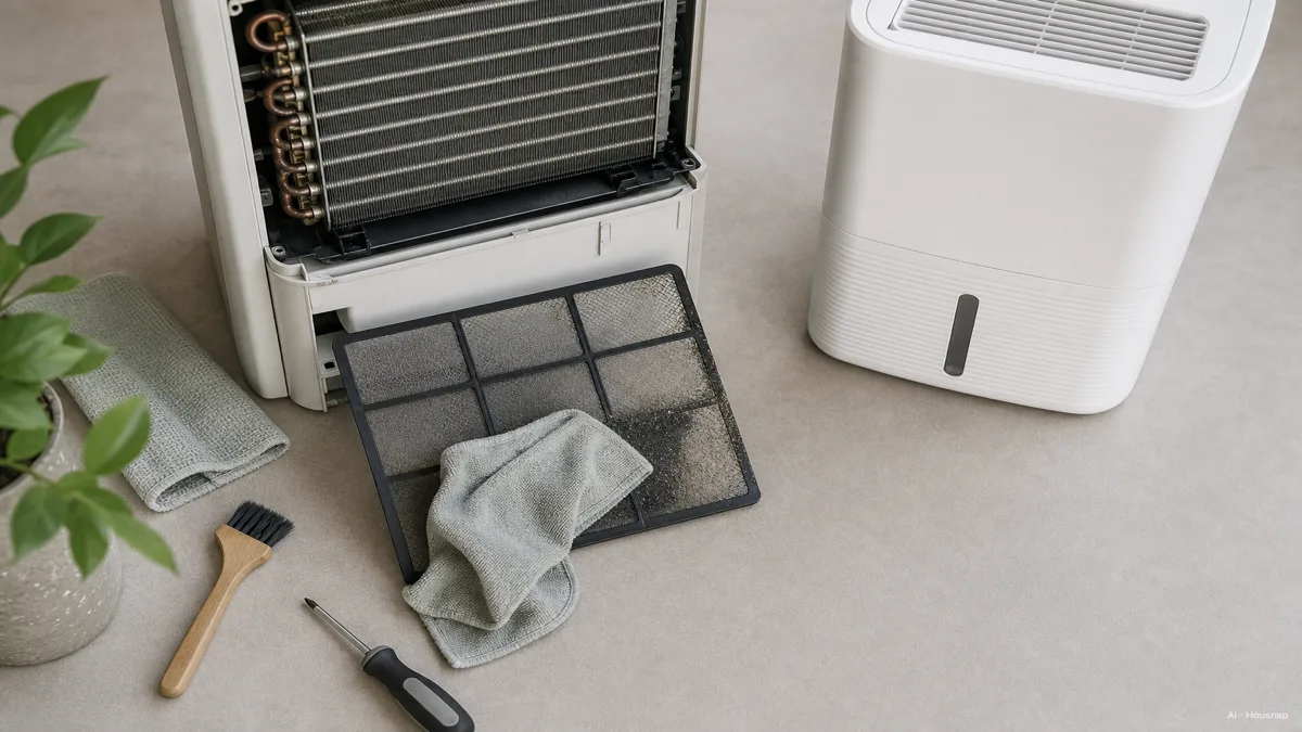 Image: A calm home maintenance flat-lay, a compressor dehumidifier's coil and filter being wiped clean beside a desiccant unit that sits untouched, organized instructional style — AI illustration