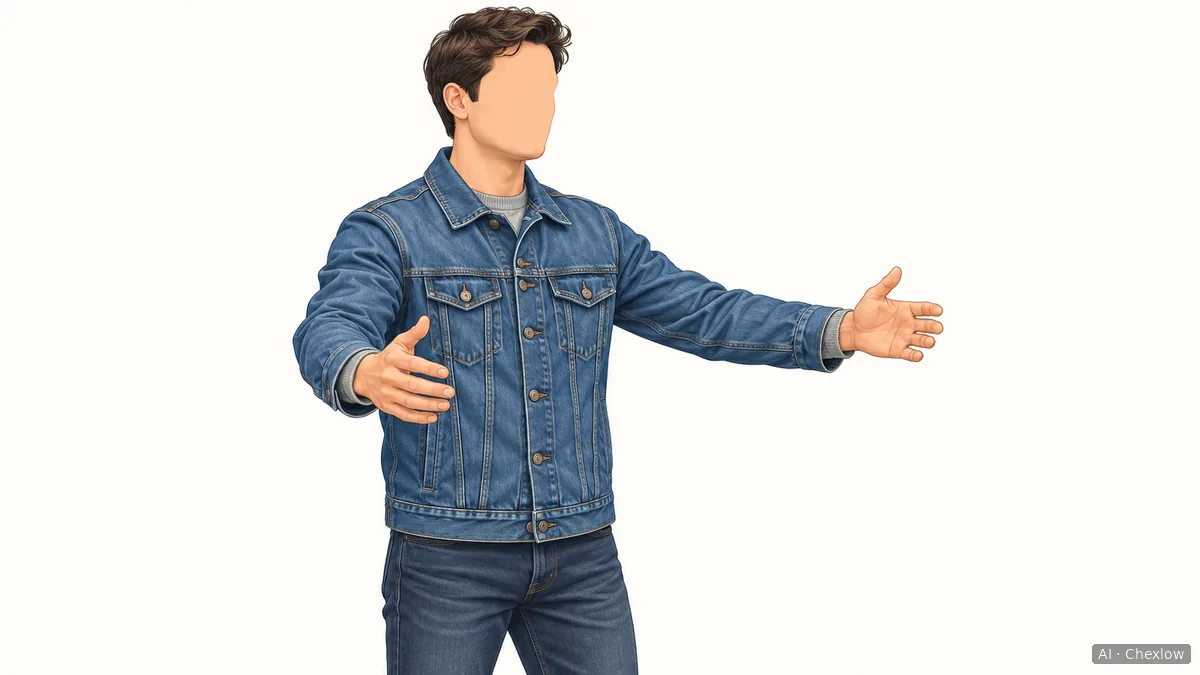 An adult wearing a buttoned blue denim jacket over a grey sweater, viewed at an angle with both arms reaching forward.