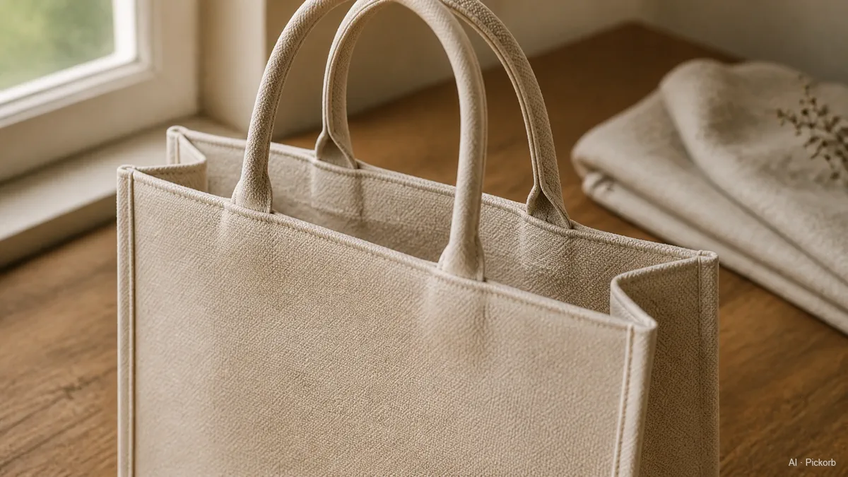 Nahaufnahme einer Dior-inspirierten rechteckigen Canvas-Tote ohne Muster, mit parallelen Henkeln und leicht geöffneter Form auf mattem Eichenholz (AI-generierte Illustration)