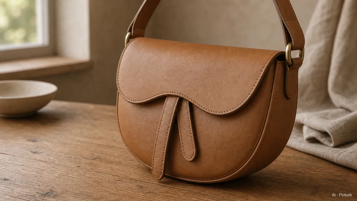 Nahaufnahme einer Dior-inspirierten sattelförmigen Schultertasche aus braunem Leder mit geschwungener Klappe und Riemenverschluss auf mattem Eichenholz (AI-generierte Illustration)