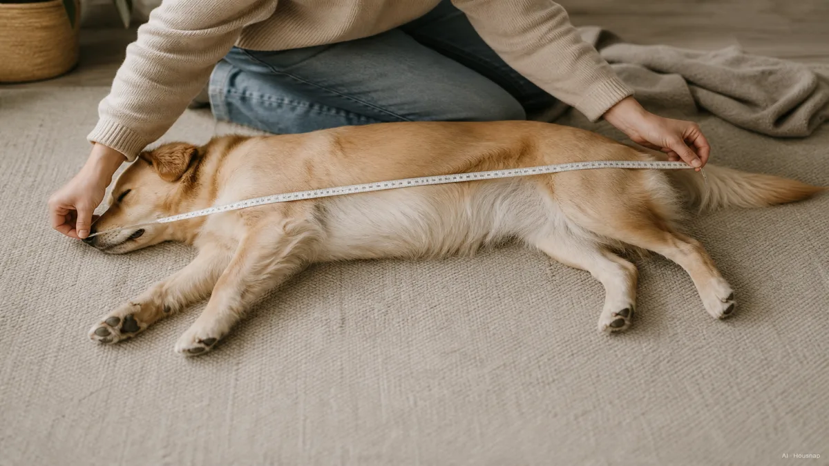 Image: a person measuring a dog lying stretched out on its side from nose to tail with a soft tape measure, calm home setting, natural light — Illustration IA