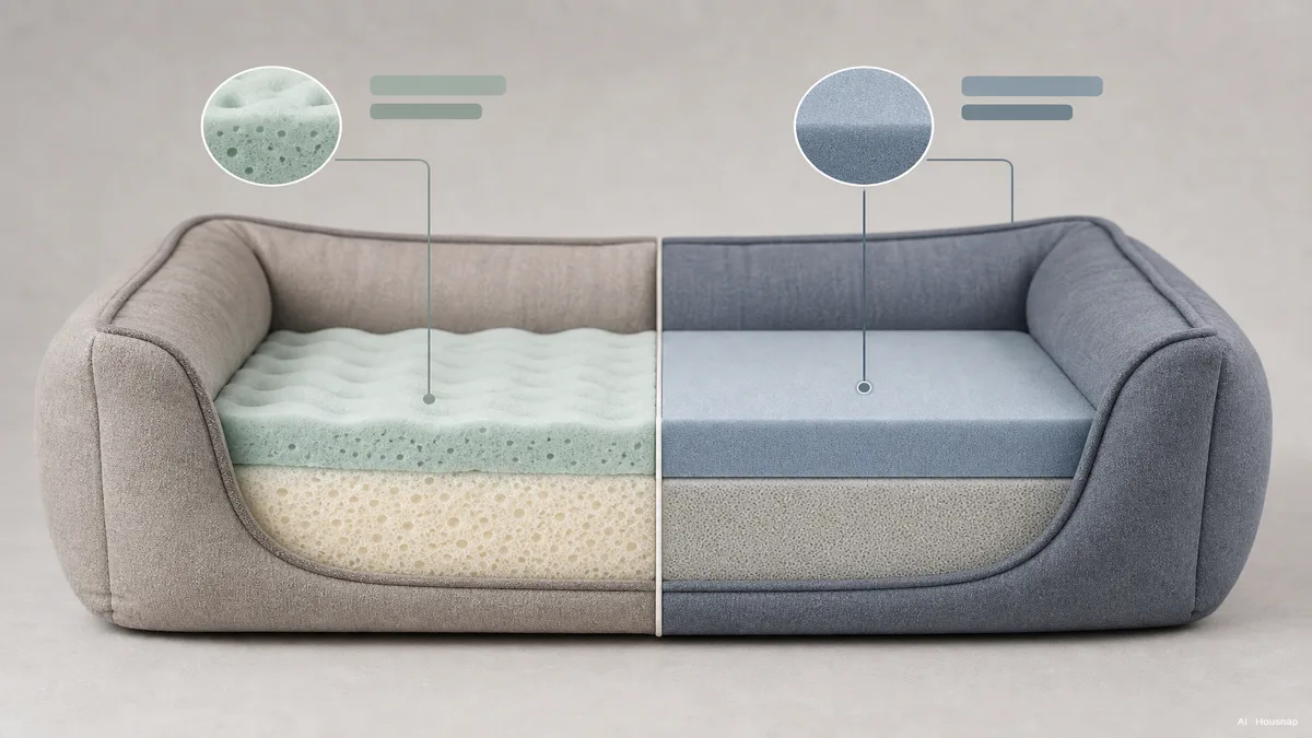 Image: a side-by-side cutaway style illustration comparing a memory foam layer versus a dense orthopedic support foam layer inside a dog bed, simple labeled diagram — Illustration IA