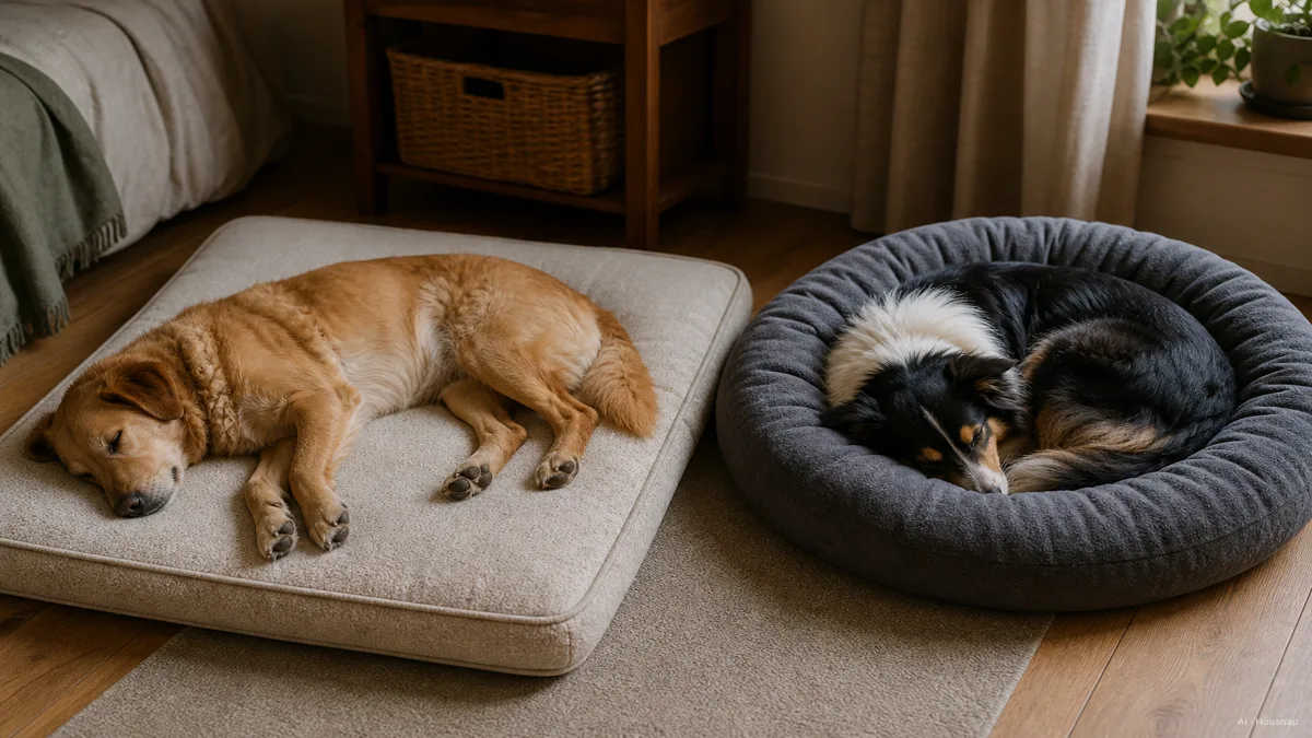 Image: two dogs sleeping in different styles side by side, one sprawled flat on its side on a mattress-style bed, one curled tightly in a donut-shaped bolster bed, warm indoor lighting — Illustration IA