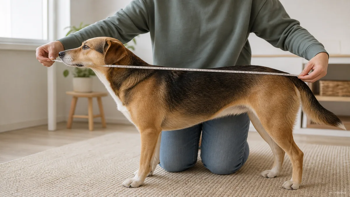 Image: a person kneeling beside a calm medium-sized dog standing on all fours, holding a soft tape measure from the dog's nose to the base of its tail, bright indoor lighting, no visible brand logos — AI illustration