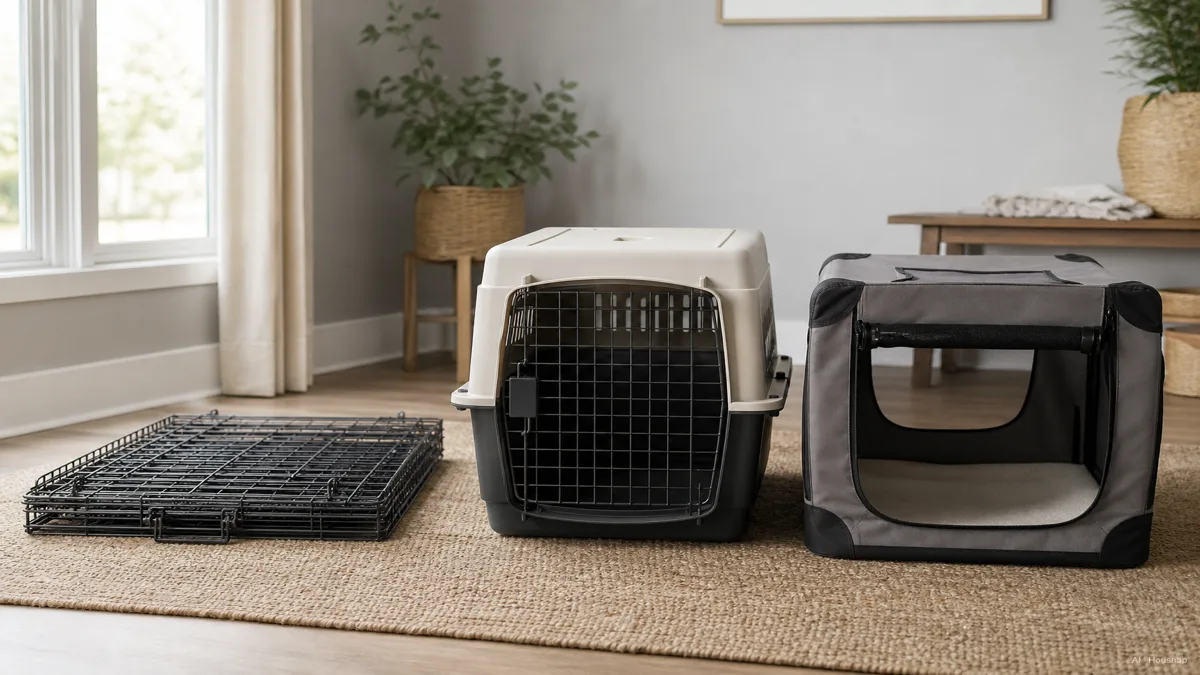 Image: three dog crates side by side in a home setting, a wire crate folded flat, a hard plastic travel kennel, and a soft fabric pop-up crate, neutral daylight, no visible brand logos — AI illustration