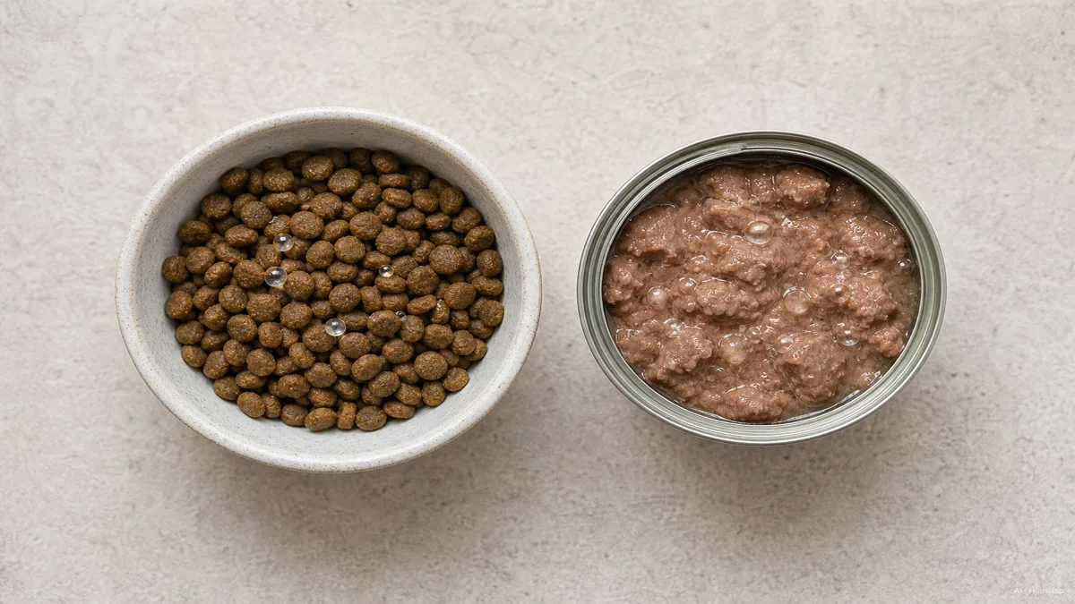 Image: a clean side-by-side flat lay of dry kibble in a bowl beside an open can of wet food, with small water-drop icons showing roughly 10 percent versus 75 percent moisture — Illustrazione IA