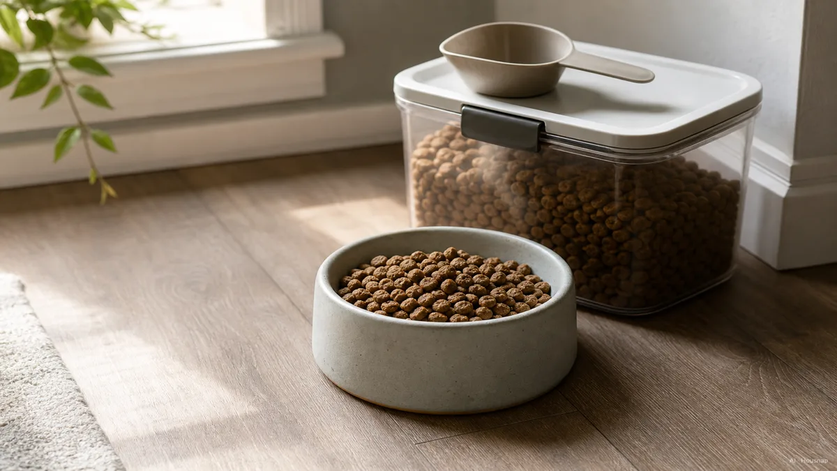 Image: a dog's bowl of dry kibble on a kitchen floor next to an airtight storage container and a measuring scoop, calm domestic setting — Illustrazione IA