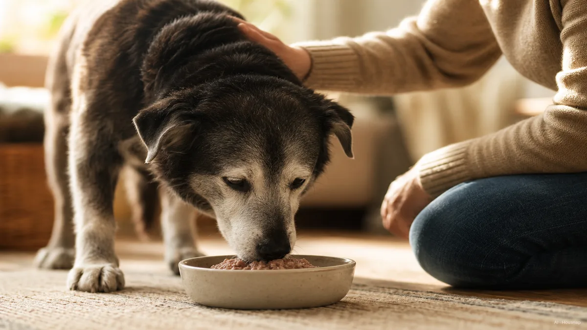 Image: an older dog eating soft wet food from a bowl, owner kneeling beside it, warm gentle lighting suggesting care and recovery — Illustrazione IA
