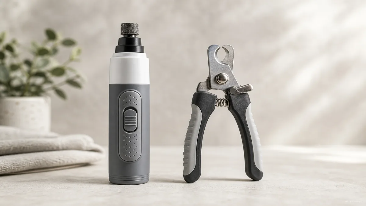 Image: side-by-side product photography of a rotary dog nail grinder and a guillotine-style dog nail clipper on a clean light background, editorial buying-guide style — Illustration IA