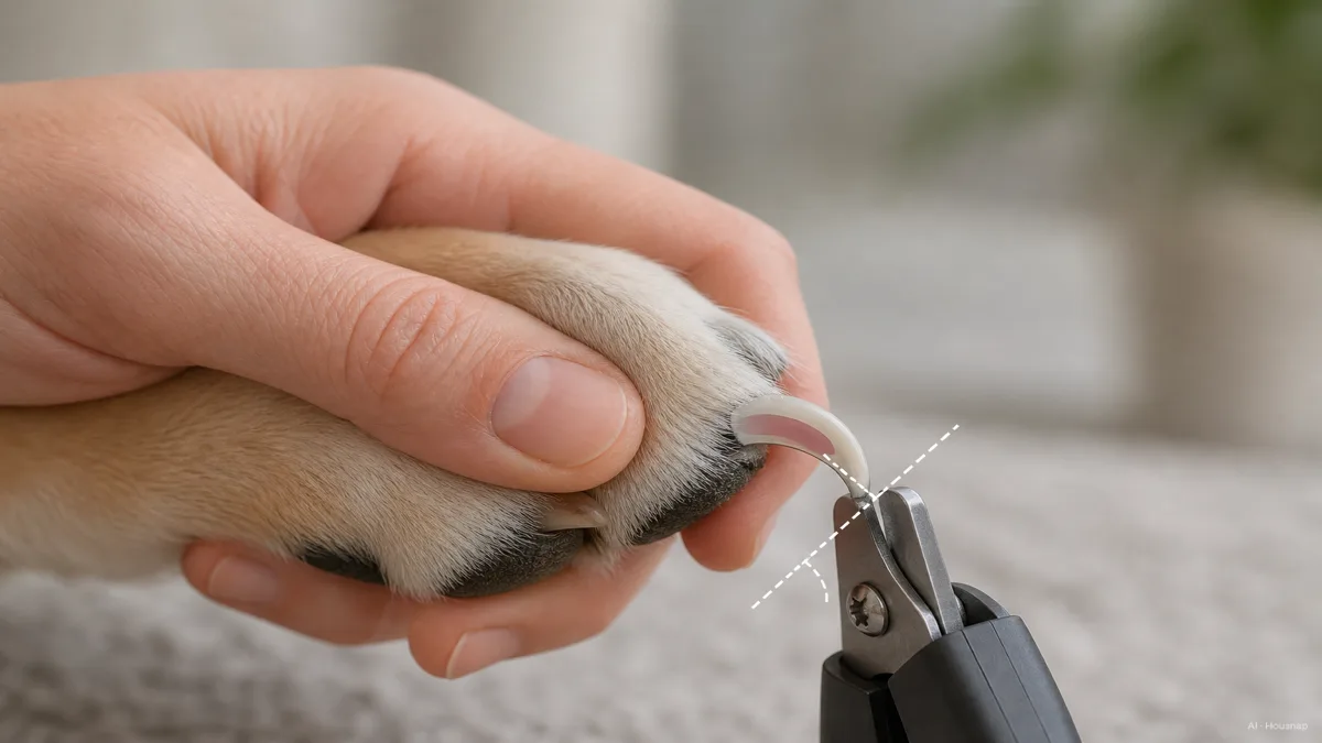 Image: close-up illustration of a hand holding a dog's paw and trimming a nail at a 45-degree angle, showing the quick as a shaded zone to avoid, simple instructional diagram style — Illustration IA