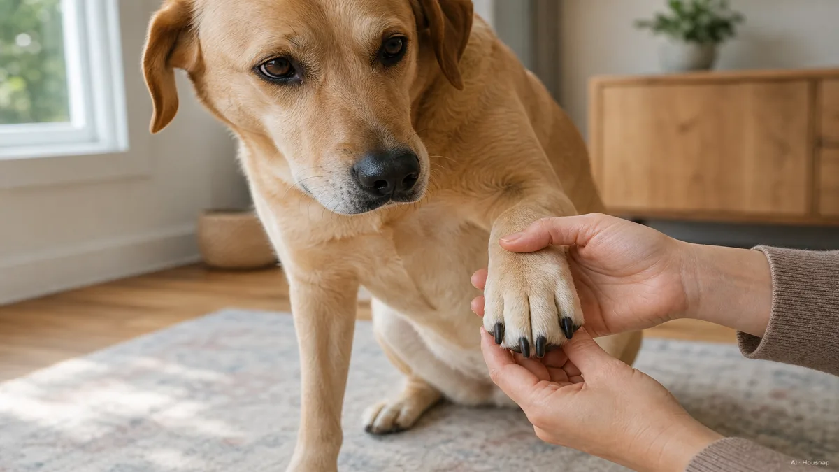 Image: a dog with dark black nails standing calmly while an owner checks the paw in soft natural indoor light, first-time trim moment, warm and reassuring mood — Illustration IA