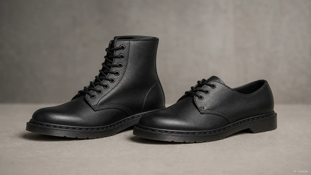 Image: a black leather Dr. Martens 1460 boot and a black leather Dr. Martens 1461 shoe standing side by side on a plain surface, one showing eight eyelets and a shaft rising above the ankle, the other showing three eyelets and a low-cut profile ending below the ankle, soft studio light, no visible logos