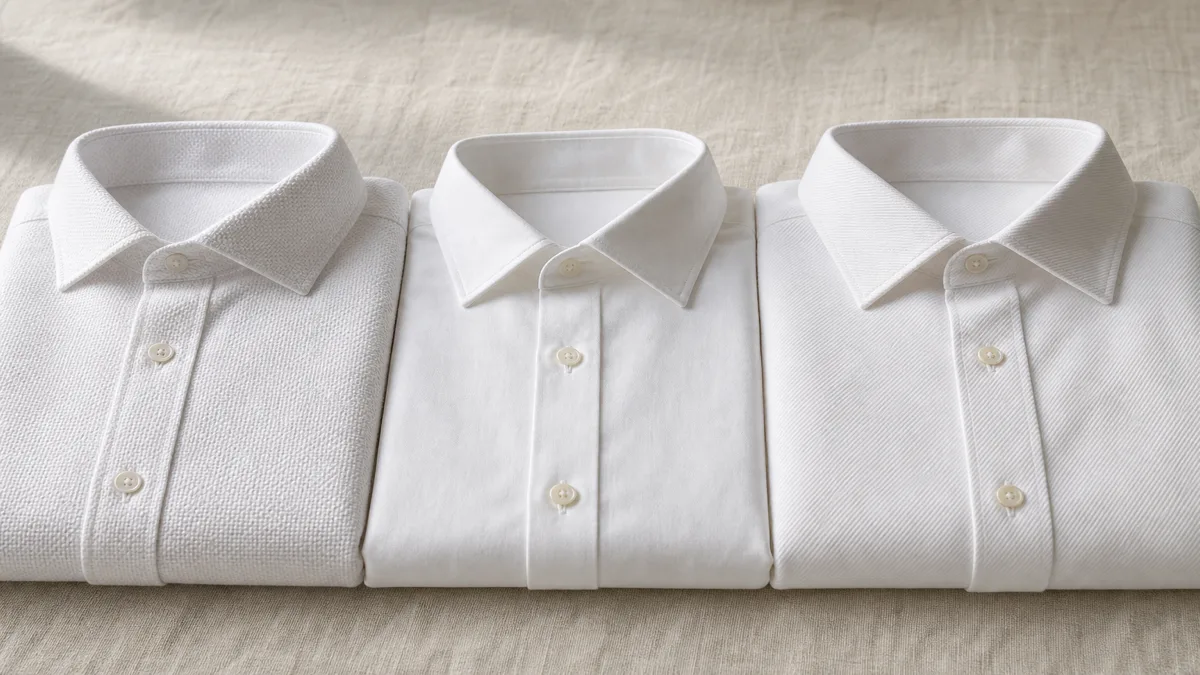 Image: three folded white cotton shirts side by side on a pale linen surface in soft daylight, close enough to read the weave texture difference between basket, plain, and diagonal