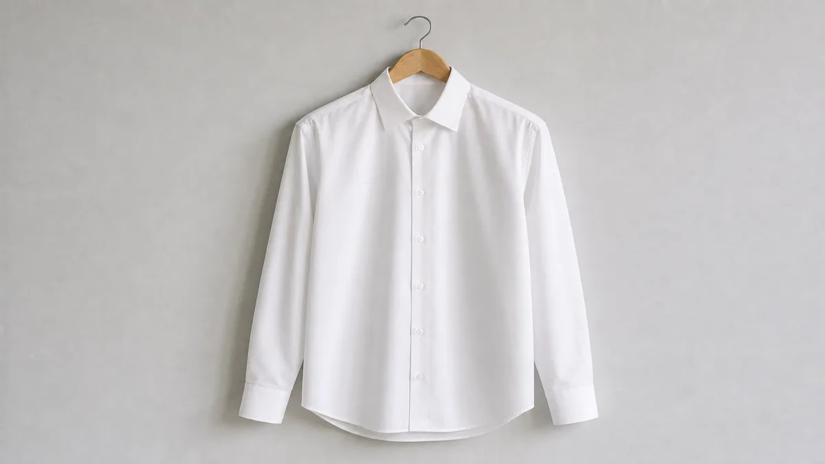Image: a crisp white poplin shirt on a wooden hanger against a clean neutral wall, smooth flat surface catching a soft sheen in natural light