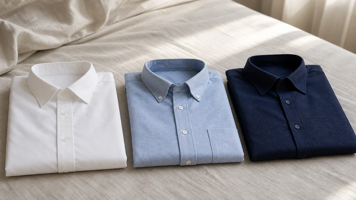 Image: a small capsule of three shirts laid out together, one white poplin, one light blue oxford, one navy twill, folded neatly on a bed with morning light