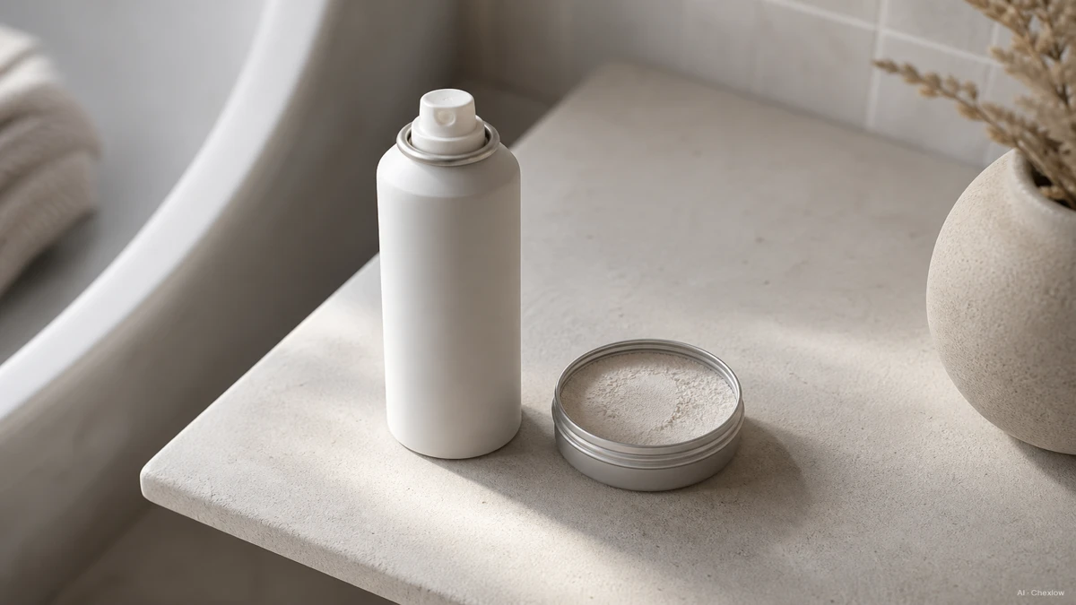 Image: A flat-lay of a dry shampoo aerosol can and a small tin of dry shampoo powder side by side on a bathroom shelf, soft natural light, no visible brand marks