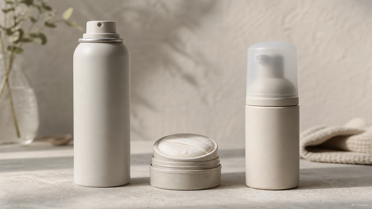 Image: Three dry shampoo formats side by side, an aerosol can, a small powder tin with a puff, and a foam pump bottle, clean neutral background, no readable brand names