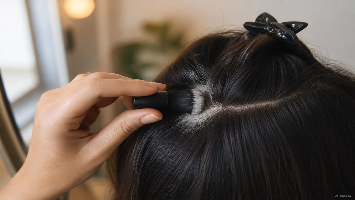 Image: A person's hand applying dry shampoo powder to sectioned dark hair roots at a mirror, warm indoor lighting, focus on technique not brand, no visible logos