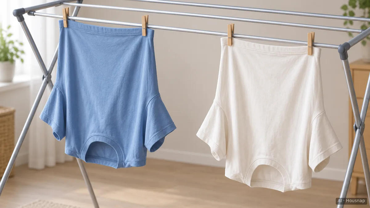 Close-up illustration of two shirts pegged by their hems side by side on the same front rail of a drying rack, with a gap between their sleeves and empty rails visible behind them. — KI-Illustration