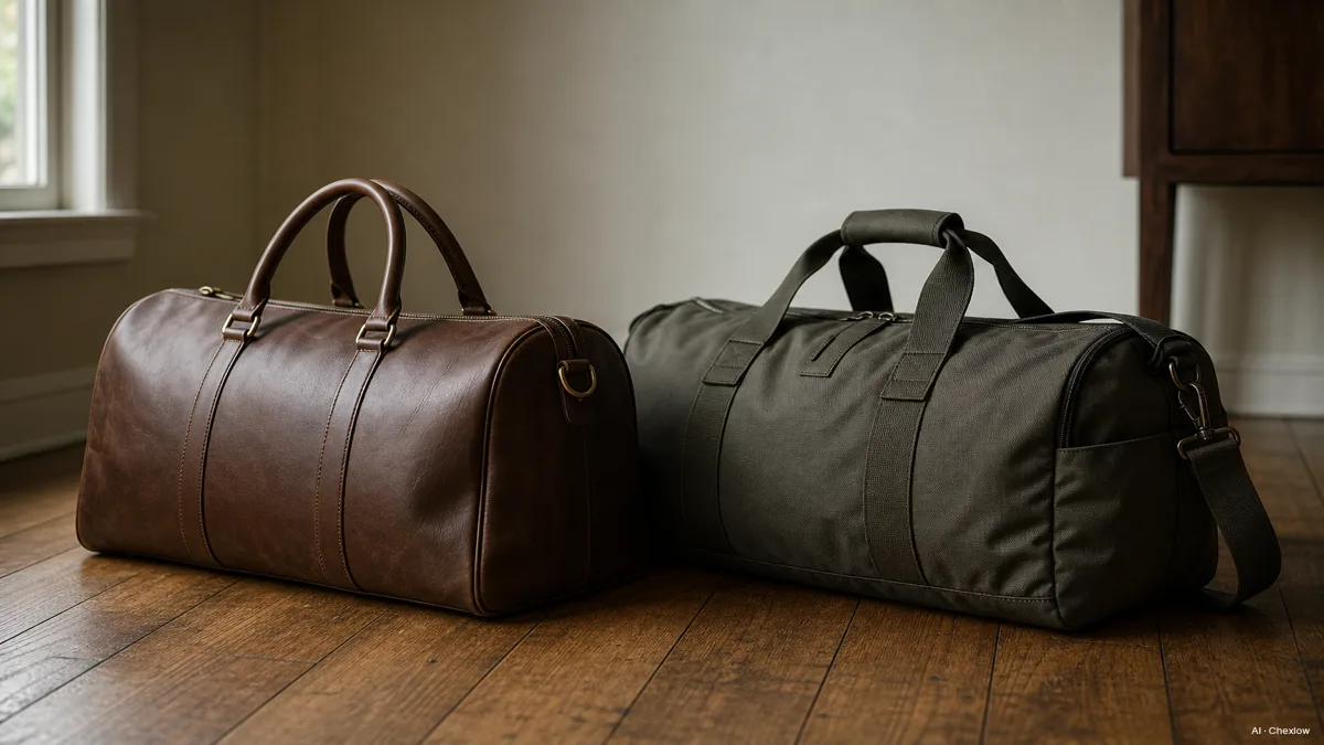 A structured leather weekender bag and a rugged nylon duffle bag standing side by side on a hardwood floor, no visible brand marks, soft window light (AI generated illustration)