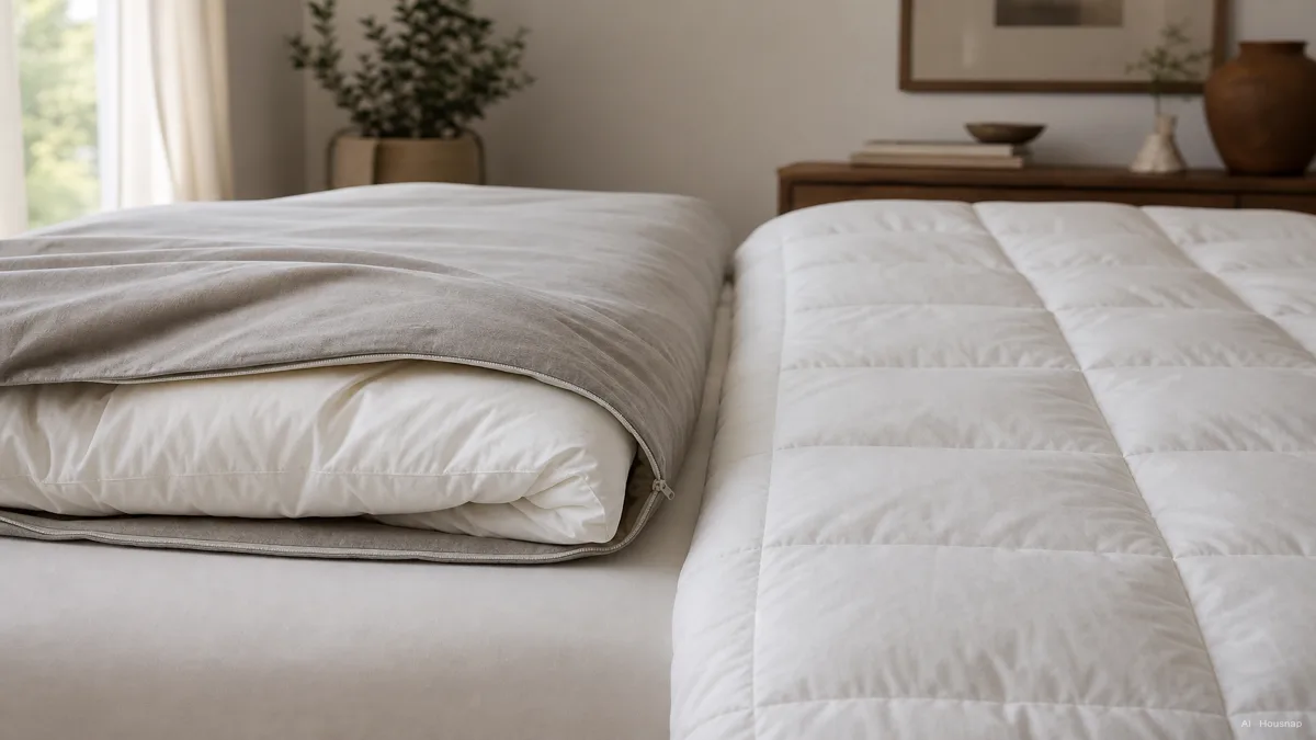 Image: a duvet insert being slid into an unzipped cover on one side of a bed, next to a single quilted comforter laid flat with no cover on the other side — AI illustration