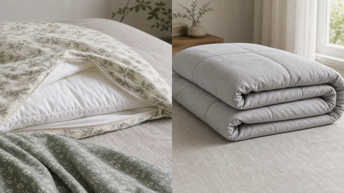 Image: a simple two-column comparison scene, a duvet cover being unzipped and swapped for a different pattern on one side, a single unchanging comforter folded on the other — AI illustration