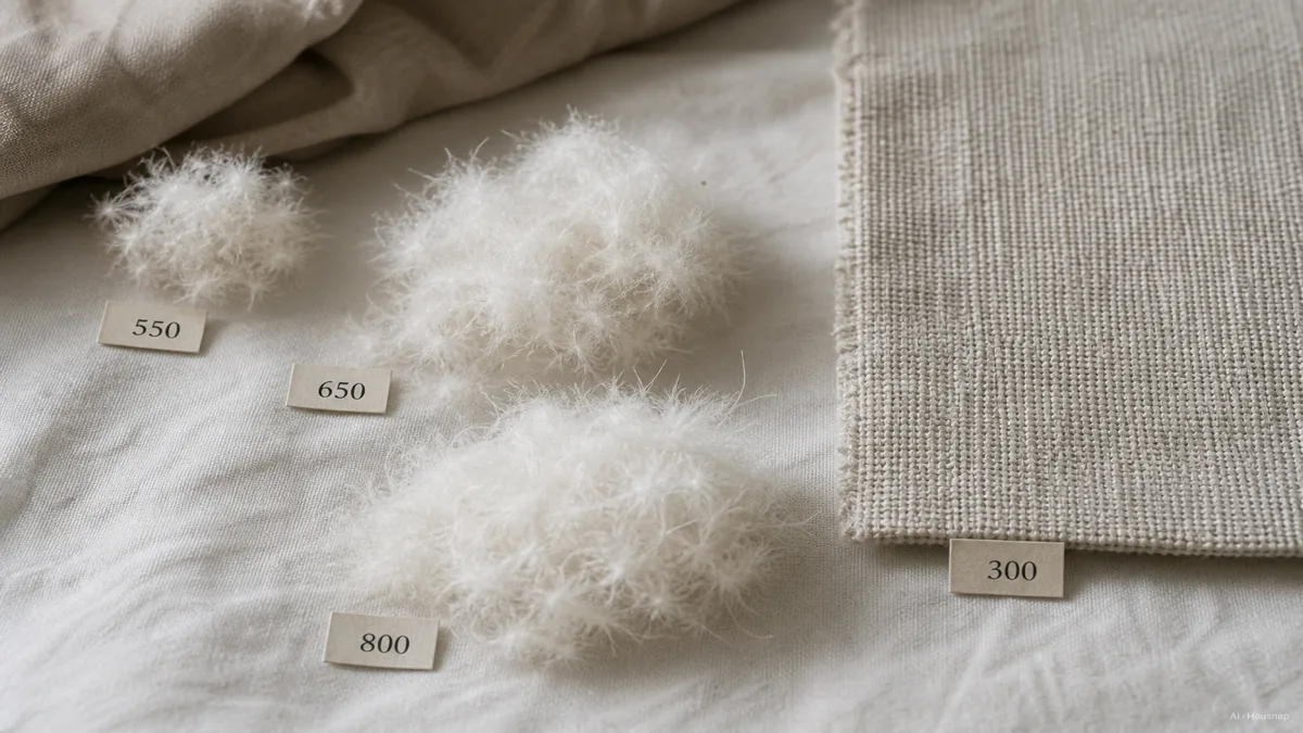 Image: a cutaway diagram showing down clusters of different sizes labeled with fill power numbers, next to a close-up weave texture labeled with thread count — AI illustration