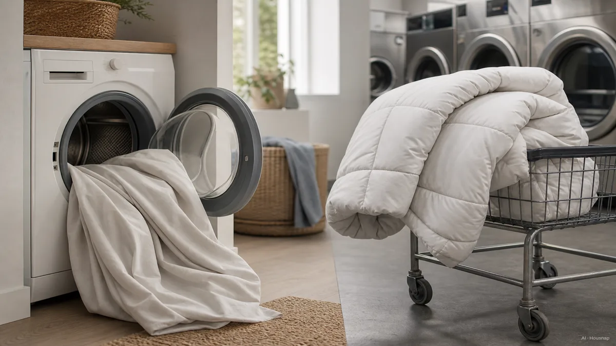 Image: a duvet cover being pulled off and tossed into a home washing machine on one side, a full bulky comforter being carried to a laundromat cart on the other — AI illustration