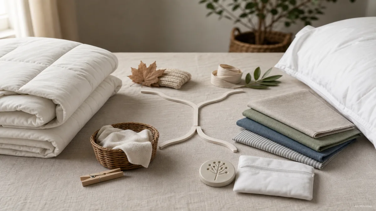 Image: a small decision-tree style scene showing a person choosing between a folded comforter and a duvet-with-cover-swatches, based on icons for seasons, laundry, and allergies — AI illustration