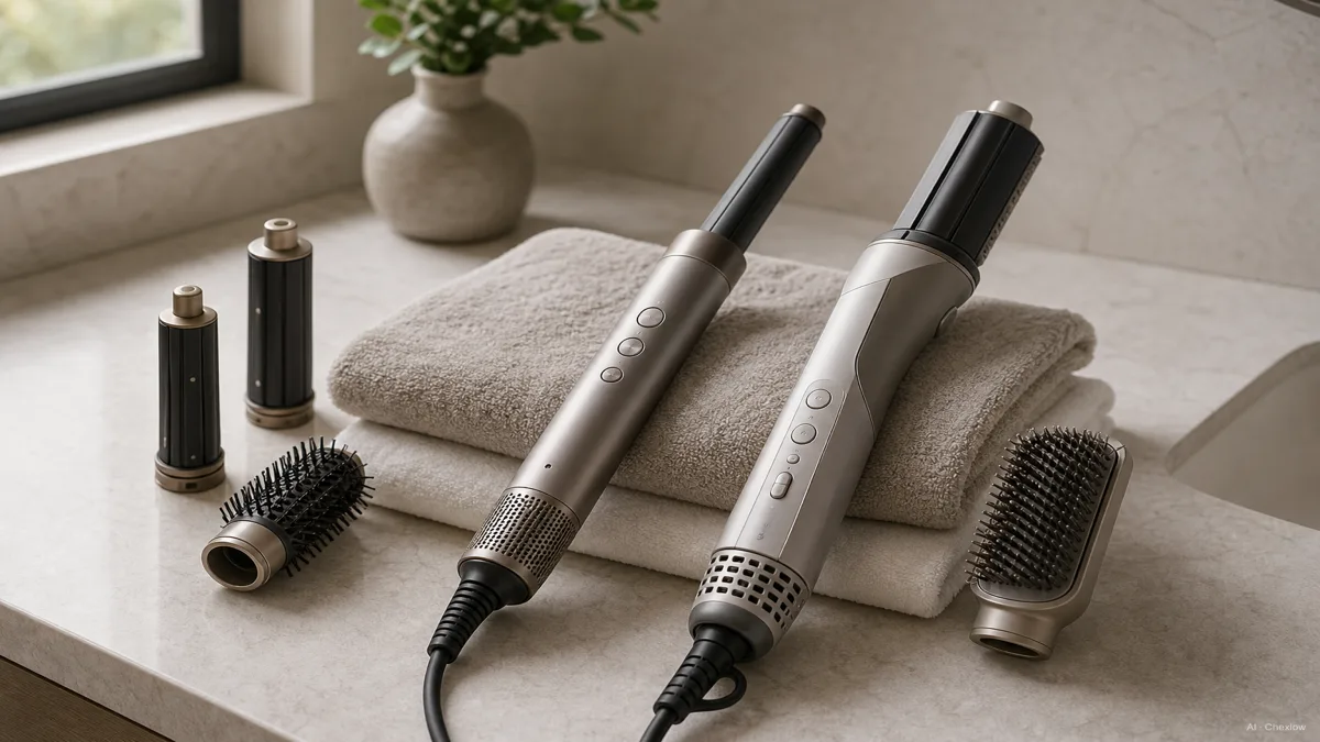 Image: A Dyson Airwrap and a Shark FlexStyle styling wand laid side by side on a bathroom counter, attachments visible, soft natural light, no visible price tags or logos