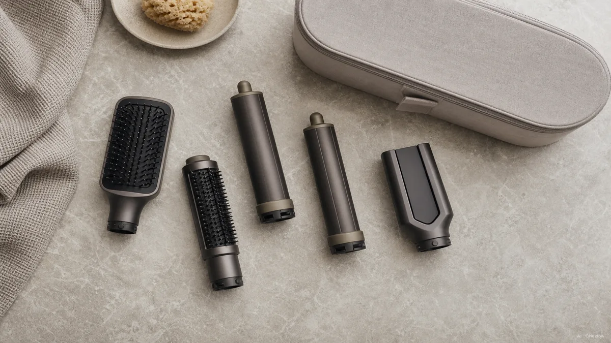 Image: A flat-lay of hair-styling attachments and a travel case, curling barrels, a paddle brush, and a straightener head arranged neatly on a bathroom counter, no visible brand logos