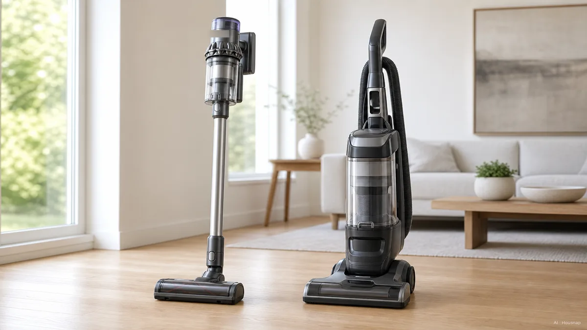Image: A Dyson cordless stick vacuum and a Shark upright vacuum standing side by side in a bright modern living room, neutral comparison framing, no visible price tags — AI illustration