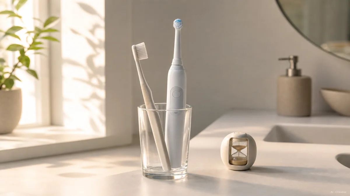 Image: A bright clean bathroom counter with a manual toothbrush and an electric toothbrush standing side by side in a glass, soft morning light, a small two-minute timer nearby, no brand marks