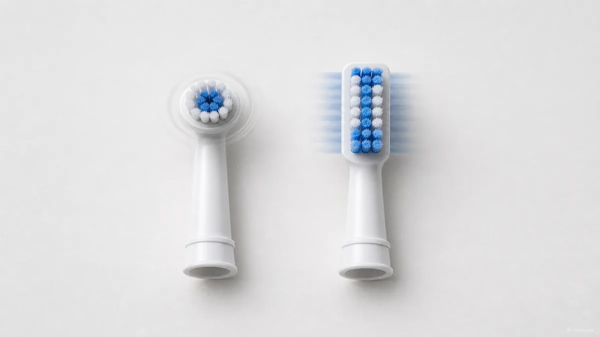 Image: A simple side-by-side illustration of two electric toothbrush heads, one small and round, one elongated like a normal brush, with light motion lines suggesting rotation versus vibration, neutral background, no brand marks