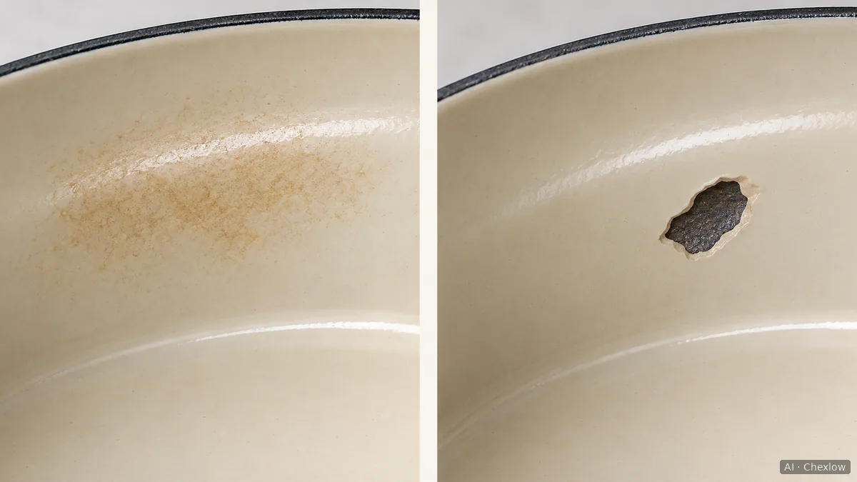 Illustrated close-ups comparing brown discoloration on continuous cream enamel with a missing patch that exposes dark material underneath
